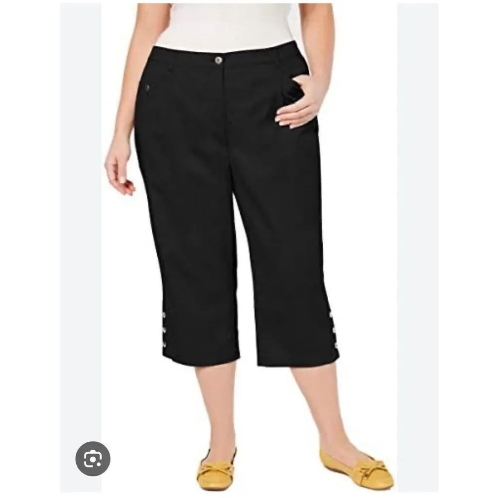 Karen Scott Black Tummy Control Button Trim Cropped Pants sz 16 NWT